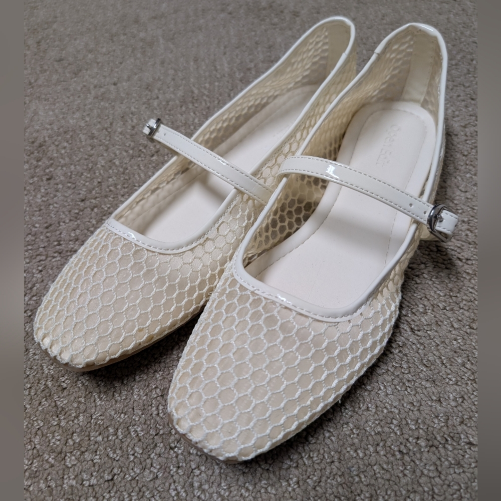 OpenEdit Womens Square Toe Mary Jane White Mesh Flats Buckle Sz 6.5 Modern Cool